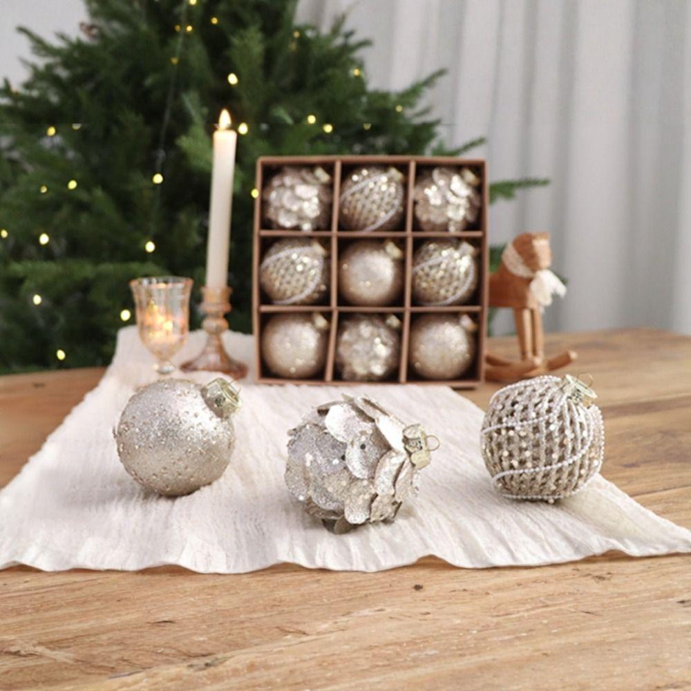 9PCS 8CM Christmas Ball Ornaments Glitter Xmas Spheres Pendant Set New Year