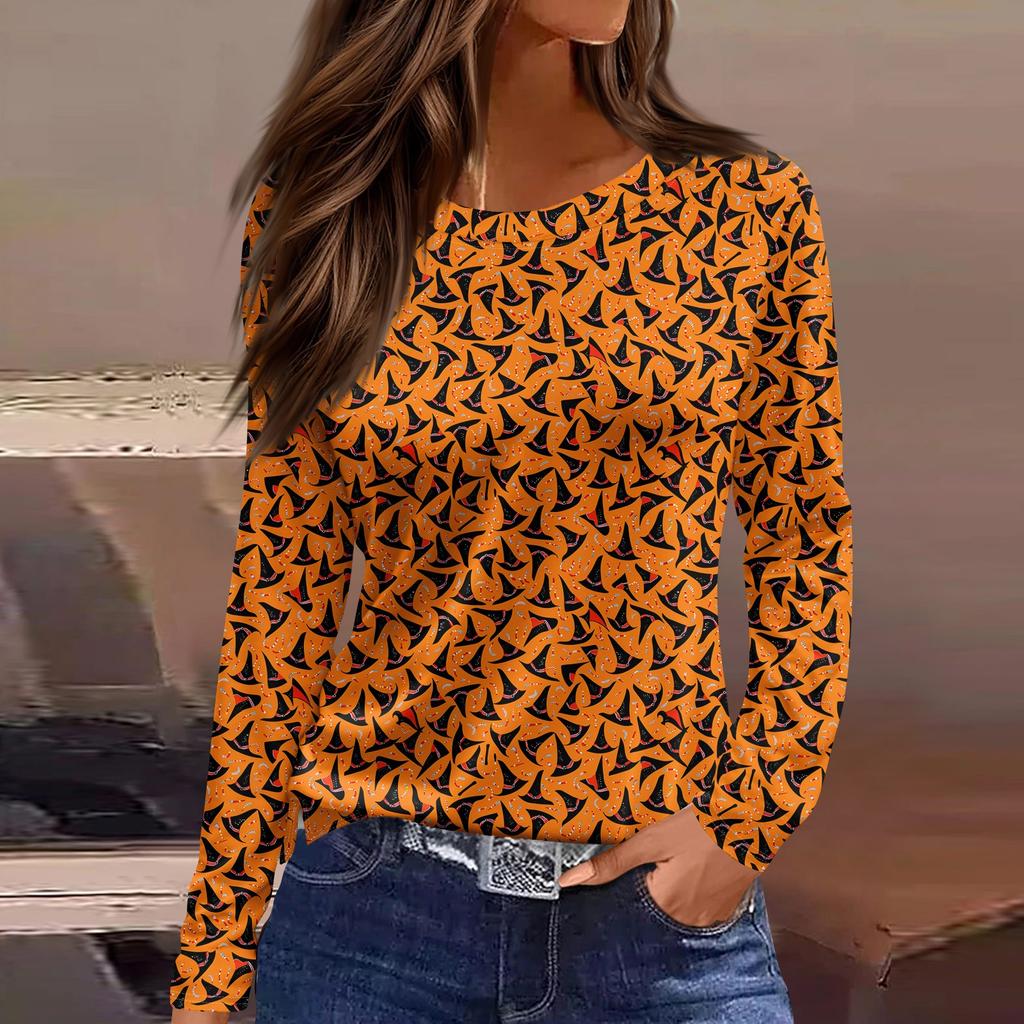 Damenmode Saumschlitz Lässig Halloween-Print Rundhals Langarm Oberteil