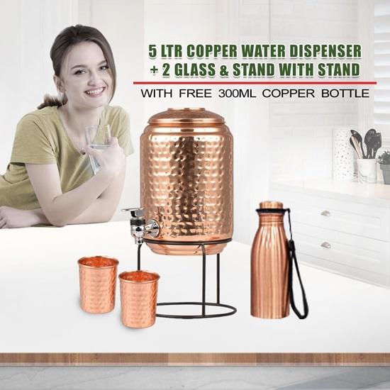 Dispenser d'Acqua in Rame con Rubinetto e Supporto, 2 Bicchieri in Rame e 1 Borraccia in Rame da 300 ML in Omaggio