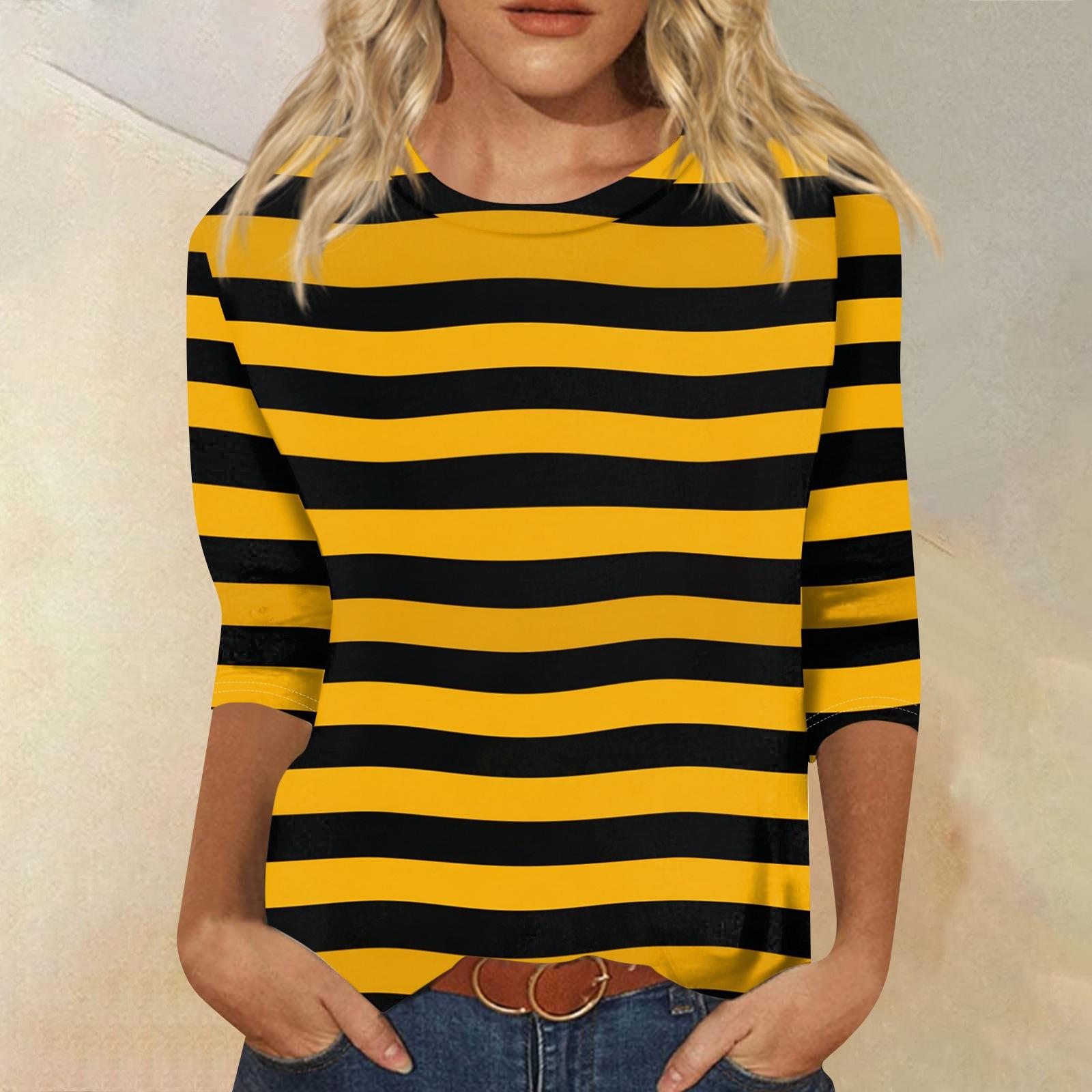 

Women s Fashionable Casual Round Neck Three-quarter Sleeve Striped Printed T-shirt Top XL жовтий