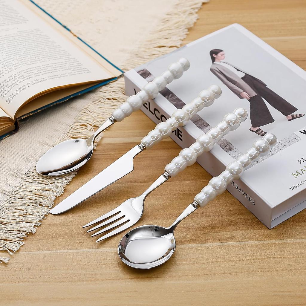 4-Piece Cutlery Set, Stainless Steel Flatware Sets with Chubby Bubble Pattern Ceramic Handle Utensils Including Knife Fork Spoon
