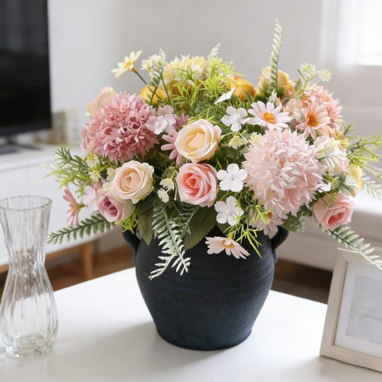 Fleurs Artificielles Haute Simulation Pétales en Soie Toucher Réel Tiges en Fil de Fer Réglables Roses Mixtes Hortensias Marguerites Sans Entretien Décoration de Maison Cadeaux