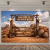 Wild West Desert Wooden Gate Cowboy Photography Backdrop Canyon Barrel Cowboy Hat Boots Vintage Western Party Photo Deco