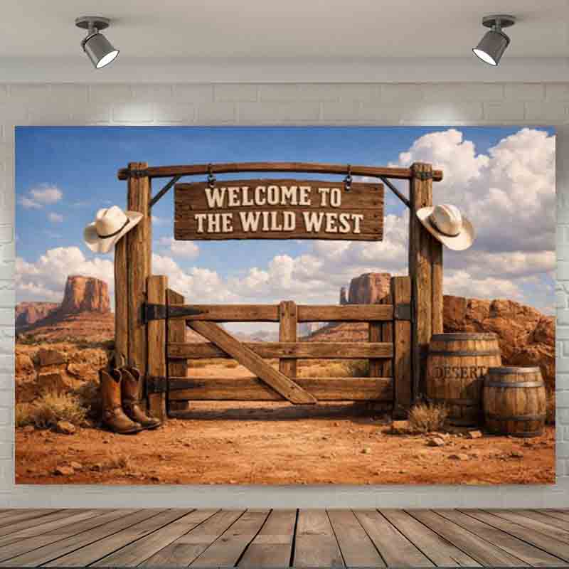 Wild West Desert Wooden Gate Cowboy Photography Backdrop Canyon Barrel Cowboy Hat Boots Vintage Western Party Photo Deco