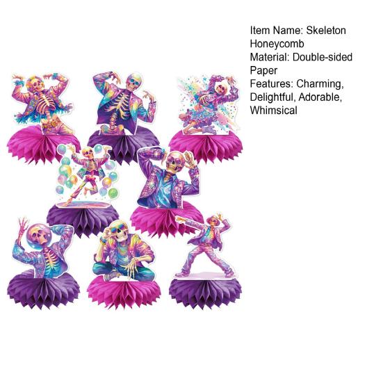 8 Pcs Halloween Disco Skeleton Honeycomb Centerpiece Glitter 80s Disco Skeleton Tabletop Honeycomb Ornament for Halloween Party Home Room Desk Decor