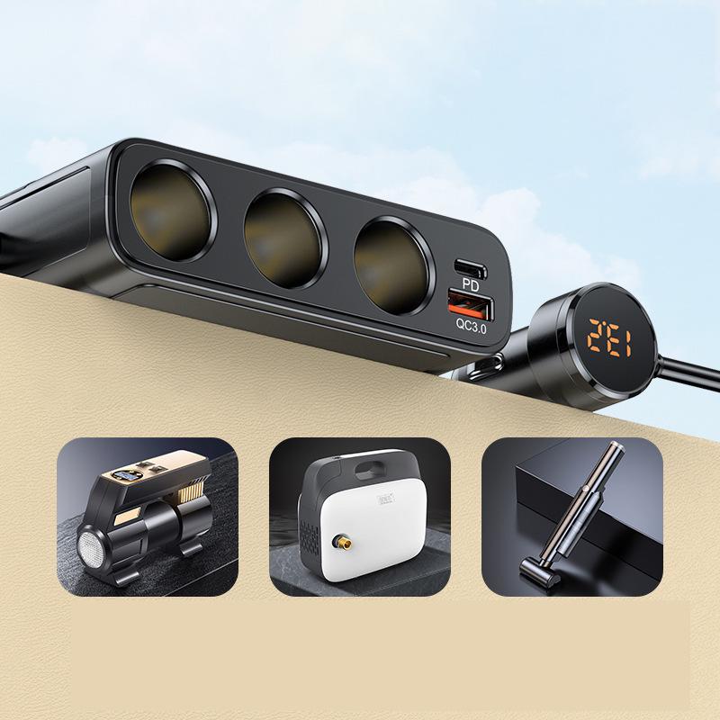 High-Power 128W Car Charger: 3-in-1 with Switch, QC3.0 Fast Charge, and PD30W