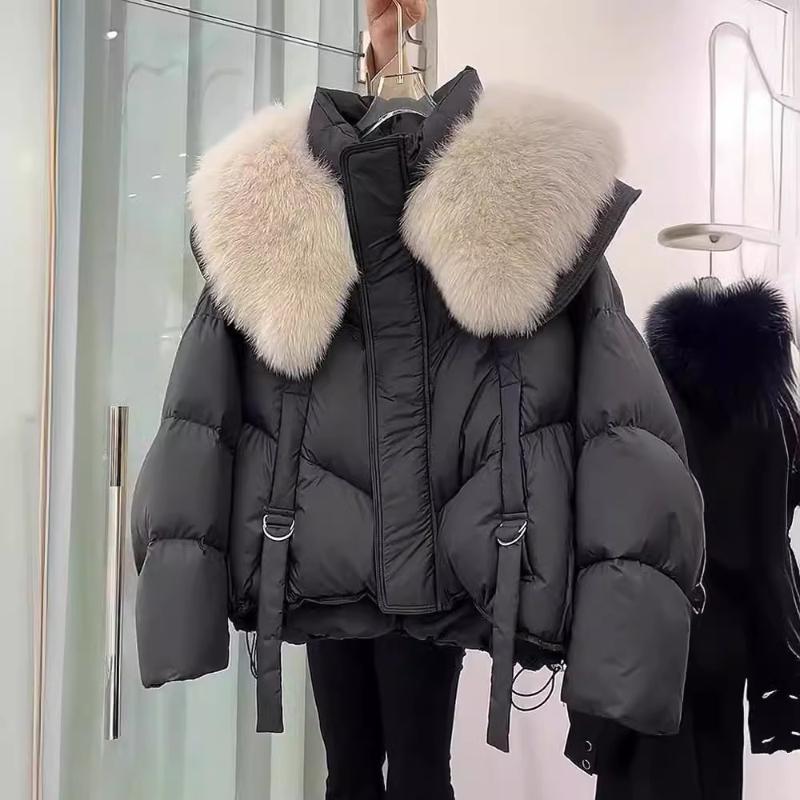 Winter Fur Collar Women White Jacket Ladies Vintage Short Warm Puffer Coat Female Parka Outerwear