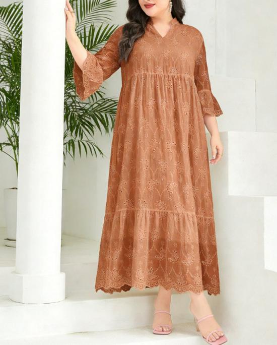 Plus Size Green Embroidered Loose Dress for Middle Eastern Muslim Holiday 1XL сожжены оранжевый