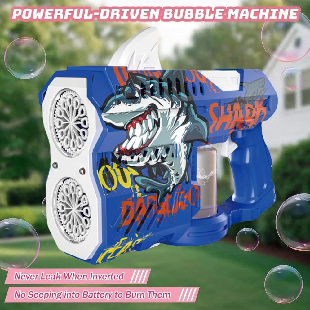 Children and adults' toy, glowing shark bubble gun, electrically fired bubble gun nozzle, essential toy for outdoor play, bubble