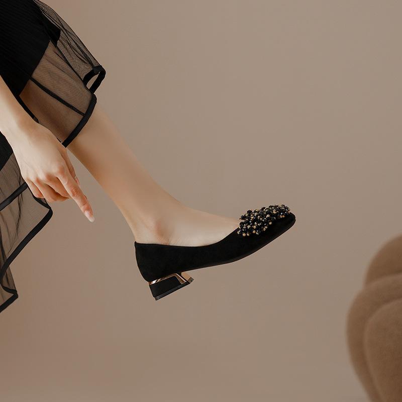 Fashion Elegant String Beaded Fashion Slip-On Women Shoes Square Toe Medium Heel Versatile Casual Velvet Summer Loafers Chaussures Femme