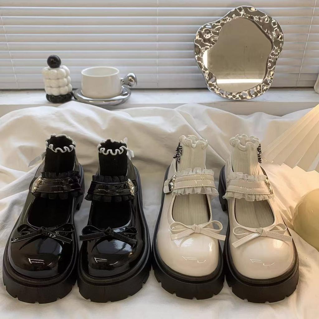 2025 summer new round head bow thick heel Mary Jane single shoes women's French with skirt platform small leather shoes women