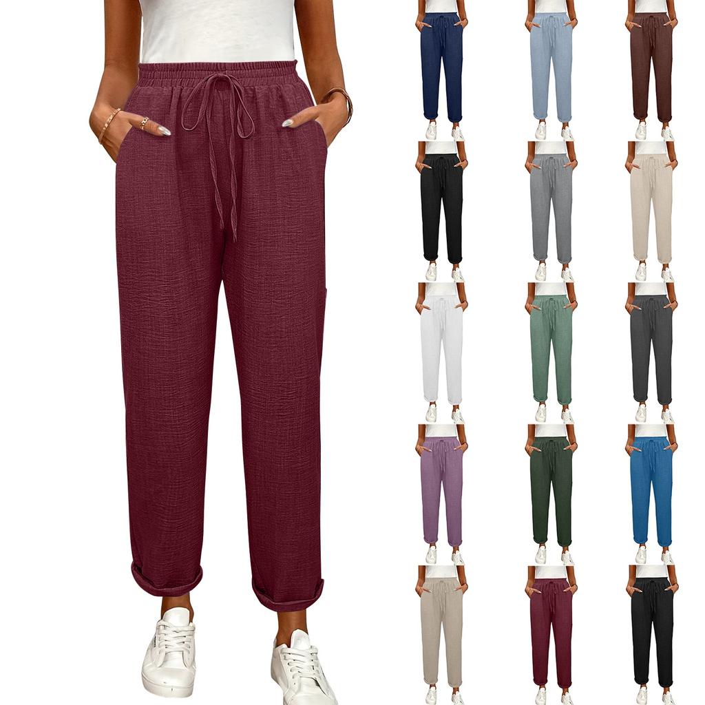 Drawstring Waist Slant Pockets Pants Casual Loose Tapered Pants For Spring  Summer  Women's Clothing