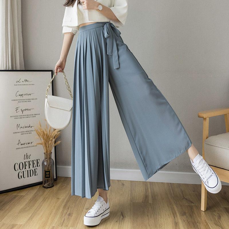 Summer Korean Women Big Hem Skirt Trousers Pleated Chiffon Trousers High Waist Pants Casual Wide Leg