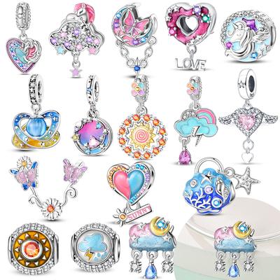Charms Original Pink Copper Zircon Blue Cloud Heart Lovely Colors Beads Fit Bracelet Jewelry Women Gift Making Diy