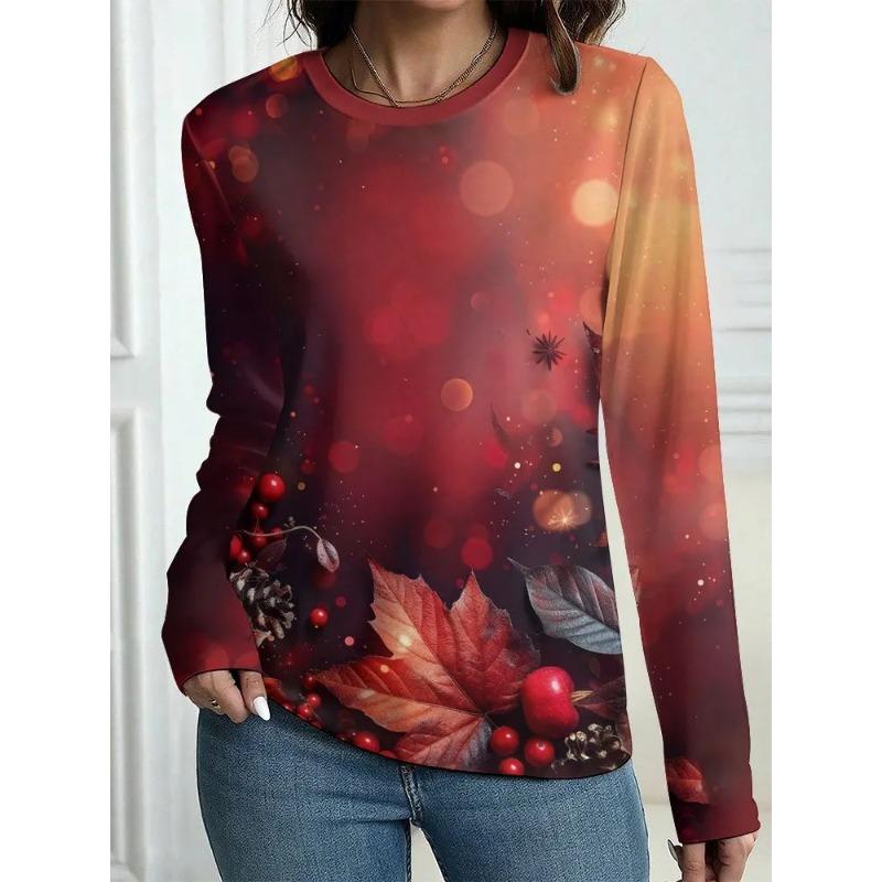 Women's Autumn and Winter 3D Printed Crew Neck Long Sleeve T-Shirt Fashion Versatile Trend Breathable Casual