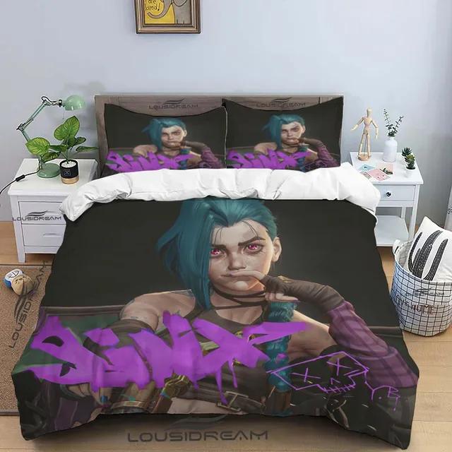 Kreslený Jinx Arcane: Ložní souprava League of Legends s postelí King, dvěma oddělenými postelemi, dětská 3dílná sada povlečení na peřinu z mikrovlákna nebo polyesteru