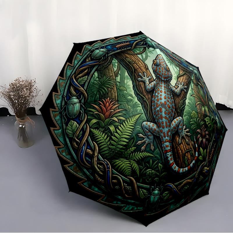 Jungle Lizard Emblem Pattern Umbrella, Portable and Foldable Design, 8 Ribs, a Casual Accessory for Halloween, Christmas, and Birthday Gifts.