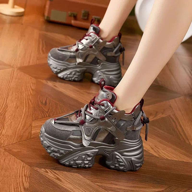 Fashion 9CM Microfiber Leather Women Chunky Sneakers Platform Wedge Loafer Flats Winter Autumn Warm Vulcanize Loafer Mixed Color Shoes