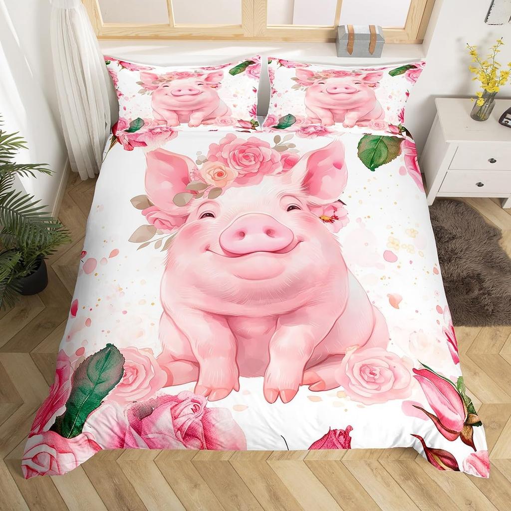 Adorable Lovely Couple Pig Soft Duvet Cover Twin King, Roses Daisy Floral Valentine's Romantic Beding Set,Carton Animal Rustic Warm Comforter Cover