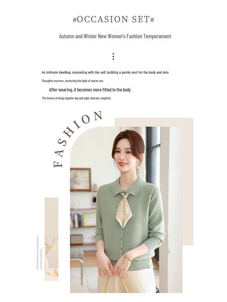 Mom's Autumn Fashion Stylish Turn-Down Collar Knitted Sweater for Middle-Aged Women - 2025 Age-Reducing Base T-Shirt.