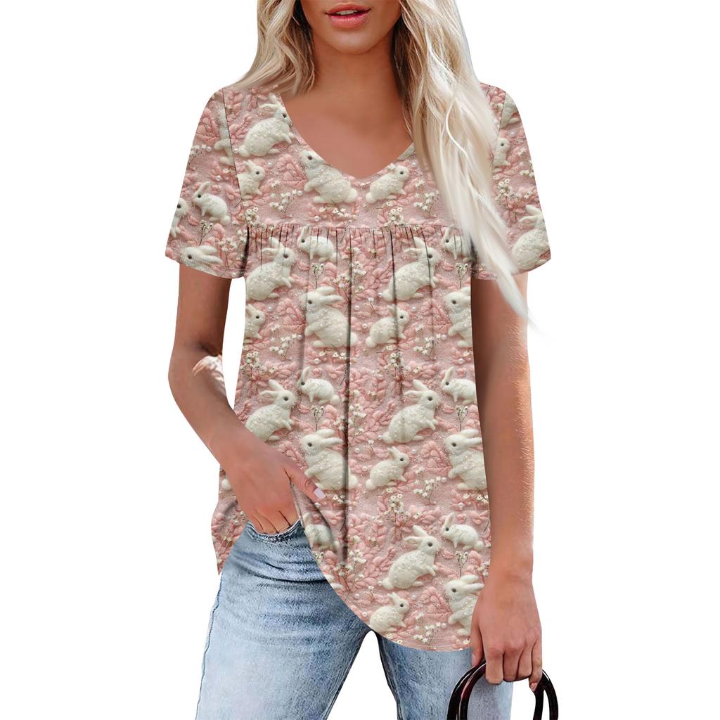 Ladies' Casual V-neck Short Sleeved Shirt With Pleated Easter Print On The Chest