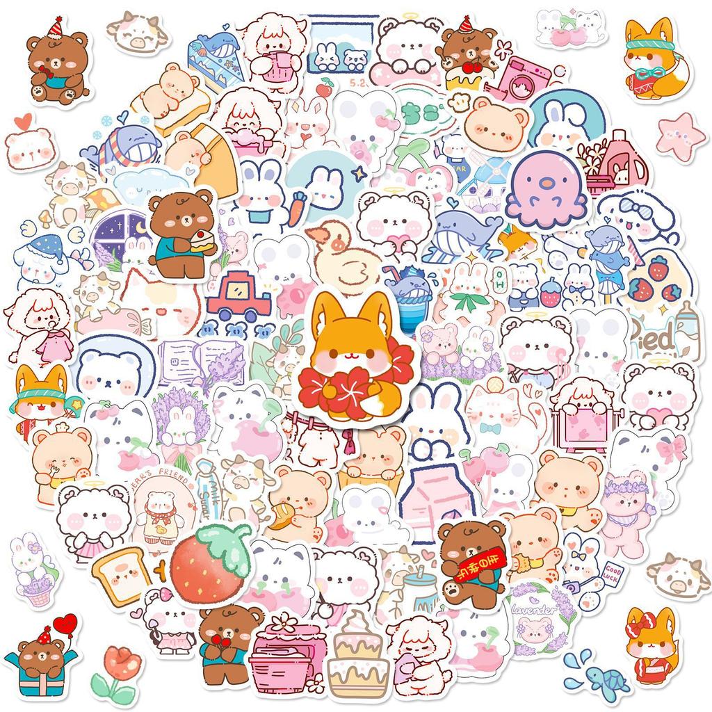 100 Cute Bear Stickers Ins Bear Stickers Cartoon Stationery Water Cup Notebook Korean Sticker Material Pack