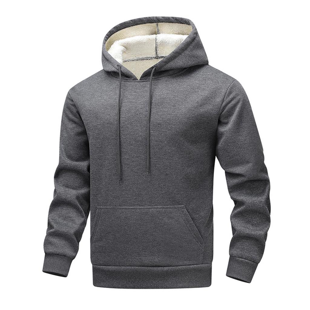 Men's Drawstring Pocket Solid Color Loose Warm Plus Fleece Casual Sports Hooded Sweatshirt
