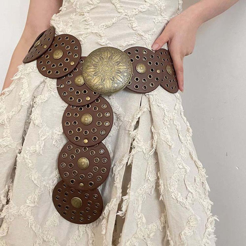 

Y2K Hollow Belts Baroque Style Metal Buckle Belts Personality Round Buckle Belts Men A