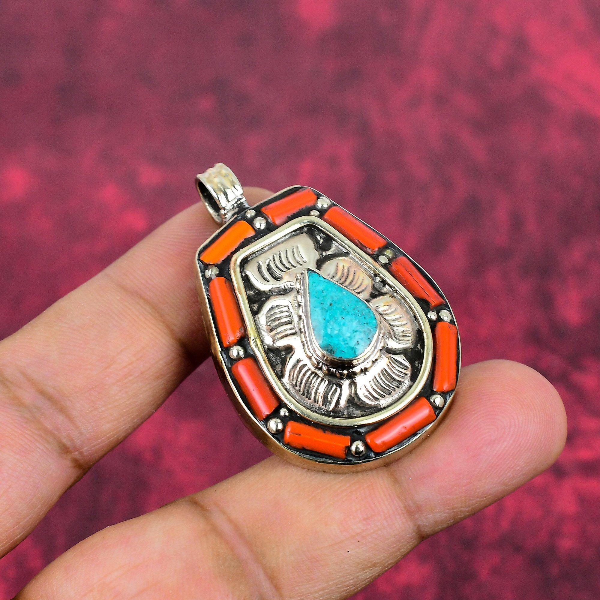 

Кулон из коралла и бирюзы, Драгоценный камень 925 Проба Стерлинговое серебро Ювелирное изделие Непальский кулон, Украшения ручной работы Кулон с камнем рождения, Подарок для него