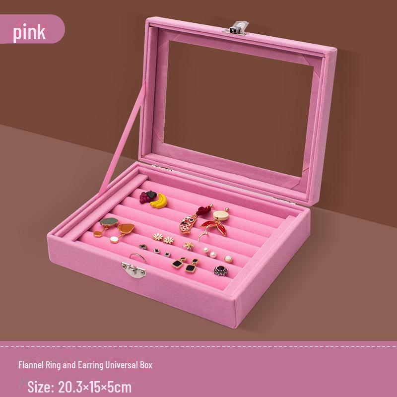 Pink Flocked Portable Jewelry Box with Lid - 316-Grit Dustproof Glass Ring & Earring Display