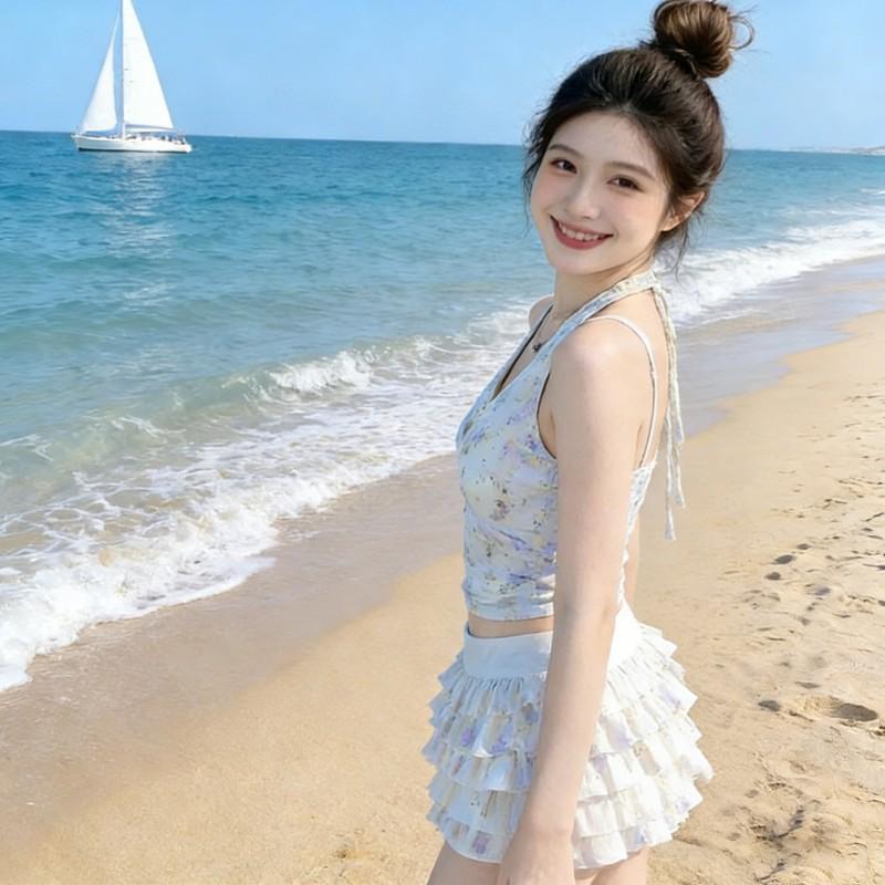 Fruit Print Cute Pure Desire Style Girl Student Conservative Split Skirt Swimming Suit Female Hanging Neck Soak In Hot Vacation