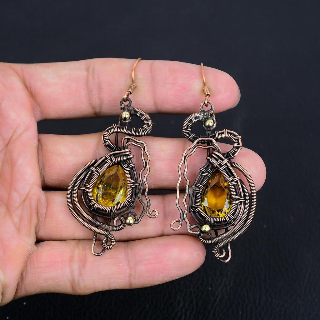 Citrine Earrings, 999 Copper Wire Wrapped Gemstone Jewelry, Handmade Earrings, For Thanksgiving