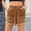 Elastic-waist Drawstring Casual High-waisted Furred Denim Shorts