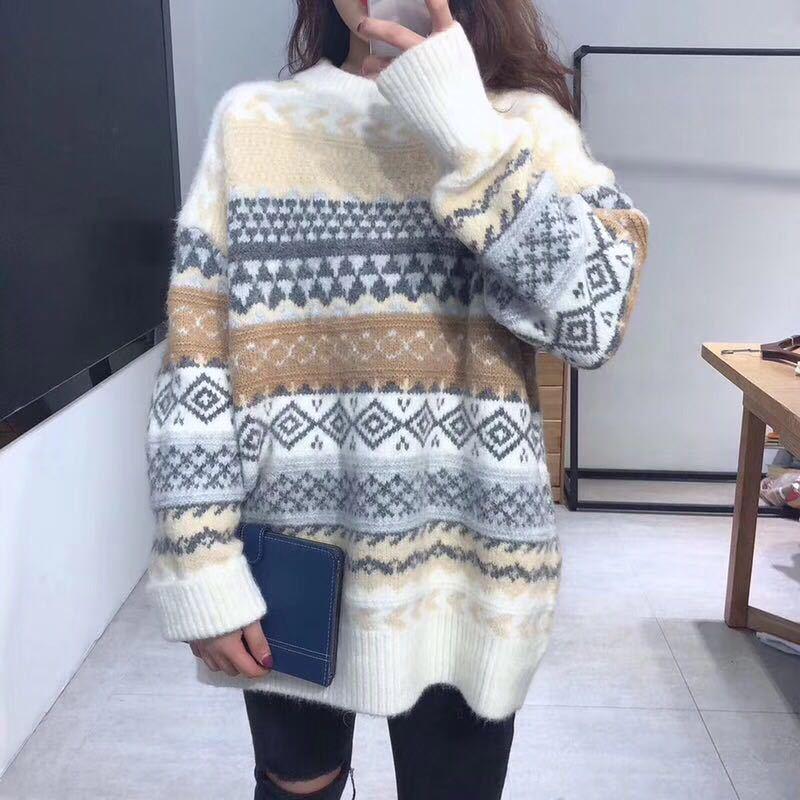 Women's Round Neck Pullover Sweater – Korean Style Retro Long Sleeve Jacket, Autumn/Winter 2020, Loose Fit.