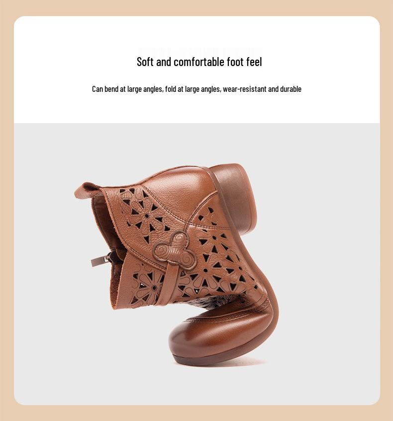 Letní retro vyřezávané kotníkové boty z hovězí kůže na robustním podpatku a se sandály s měkkou podrážkou pro ženy