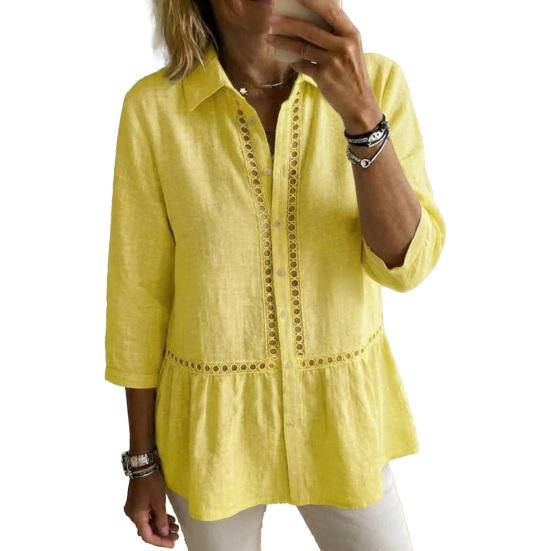 

Women Shirt Lapel 46085 Sleeves Buttons Placket Shirt Tops Webbing Edges Ruffle Hem XL