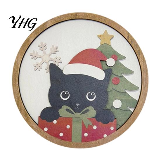 Creative Wall Layout Christmas Black Cat Decor, Layered Wooden Hanging Sign, Round 2D Home Decorations Flat Art Decoration for Living Room Bedroom And