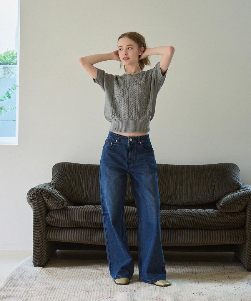 Deuloupisumeon Scalloped Cable Short Sleeve Knit [Sky Blue]