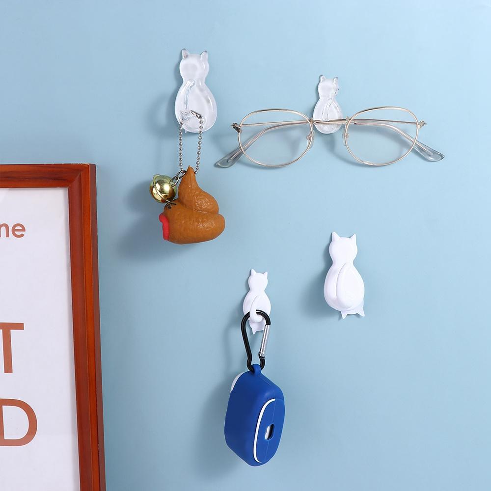 2 Pcs Plastic Cat Shape Wall Hook Self-adhesive Transparent Cat Hooks Waterproof Strong Load-bearing Cat Key Holder Backpack