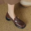 Soft Leather Loafer Women's Vintage Chunky Heel Slip On Shoes Spring and Autumn Middle Heel Fashion Leather Footwear