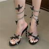 Summer Sexy Open Toe Women Sandals Street Style Thin Heels Crystal Butterfly-knot Ankle Strap Banquet Prom Shoes