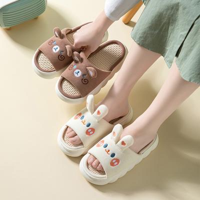 2024 Women Slippers Summer Four Seasons Indoor Home Sandals and Slippers Cute Cartoon Thick Bottom Linen House Slippers Shoes