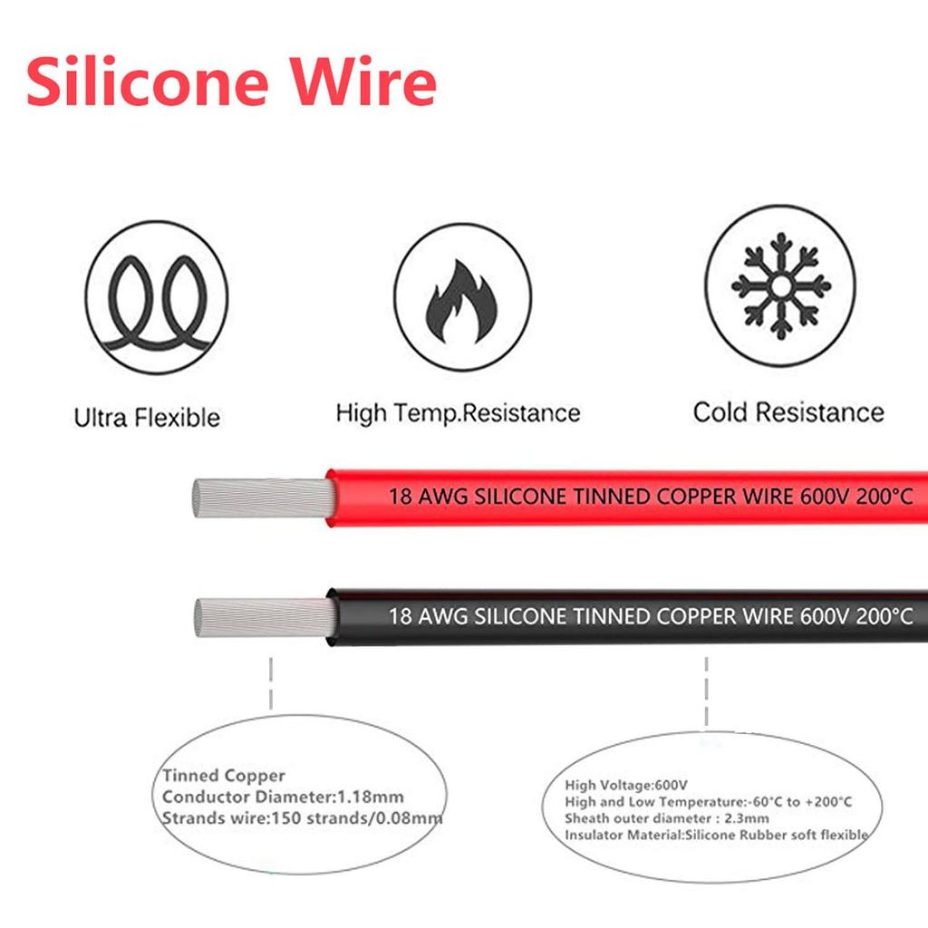 18 AWG Silicone Wire Set – 2.5m Red + 2.5m Black – Flexible Tinned Copper Cable – High Temperature Resistant