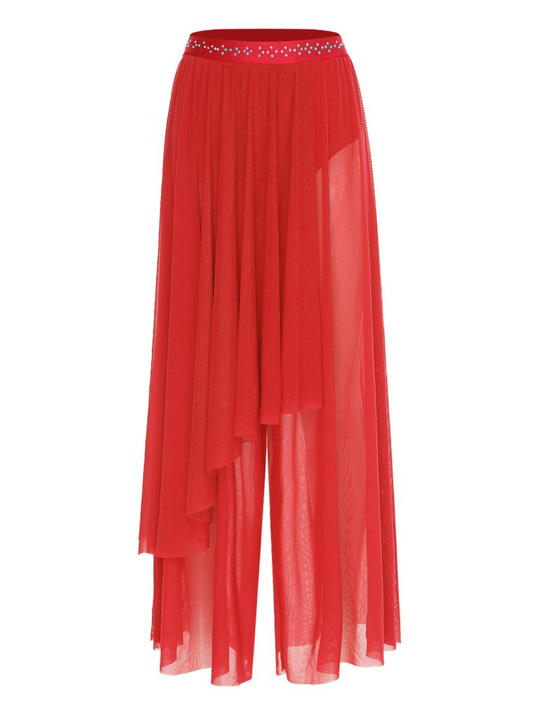 Damen Lyrisches Tanz Performance Set S-XXL: Asymmetrisches Crop-Top mit einem Ärmel, Strasssteinen & locker sitzende Überwurfhose