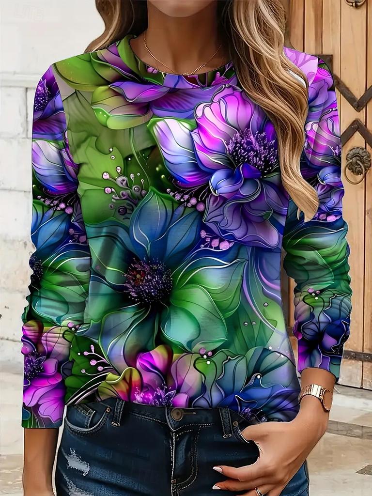 Women's 3D Floral Print T-shirt Fashionable Long-sleeved Round Neck Regular Tops Holiday Weekend Spring and Autumn
