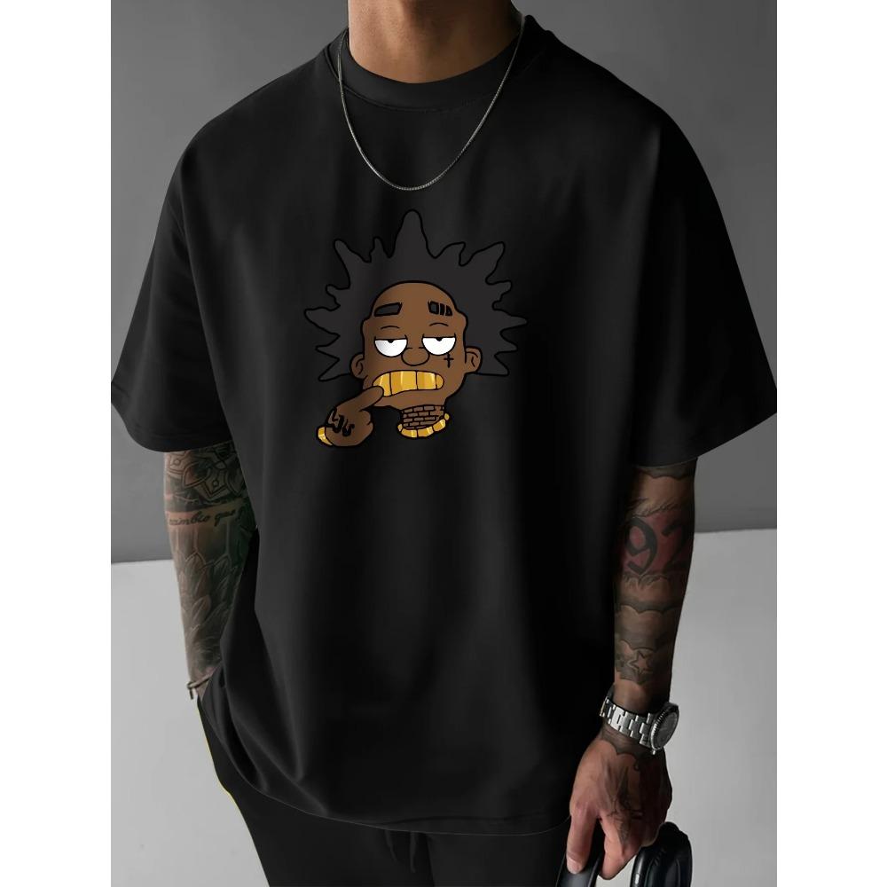 Mens Big Golden Teeth Portrait Print Crew Neck Short Sleeve T-Shirt Casual Loose Men's Clothing Cotton Fashion Streetwear
