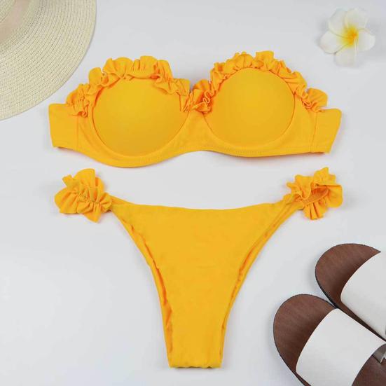 2Pcs/Set Women Bikini Set Bandeau Ruffle Trim Bra Mid-rise Briefs Set Push Up Bathing Suit
