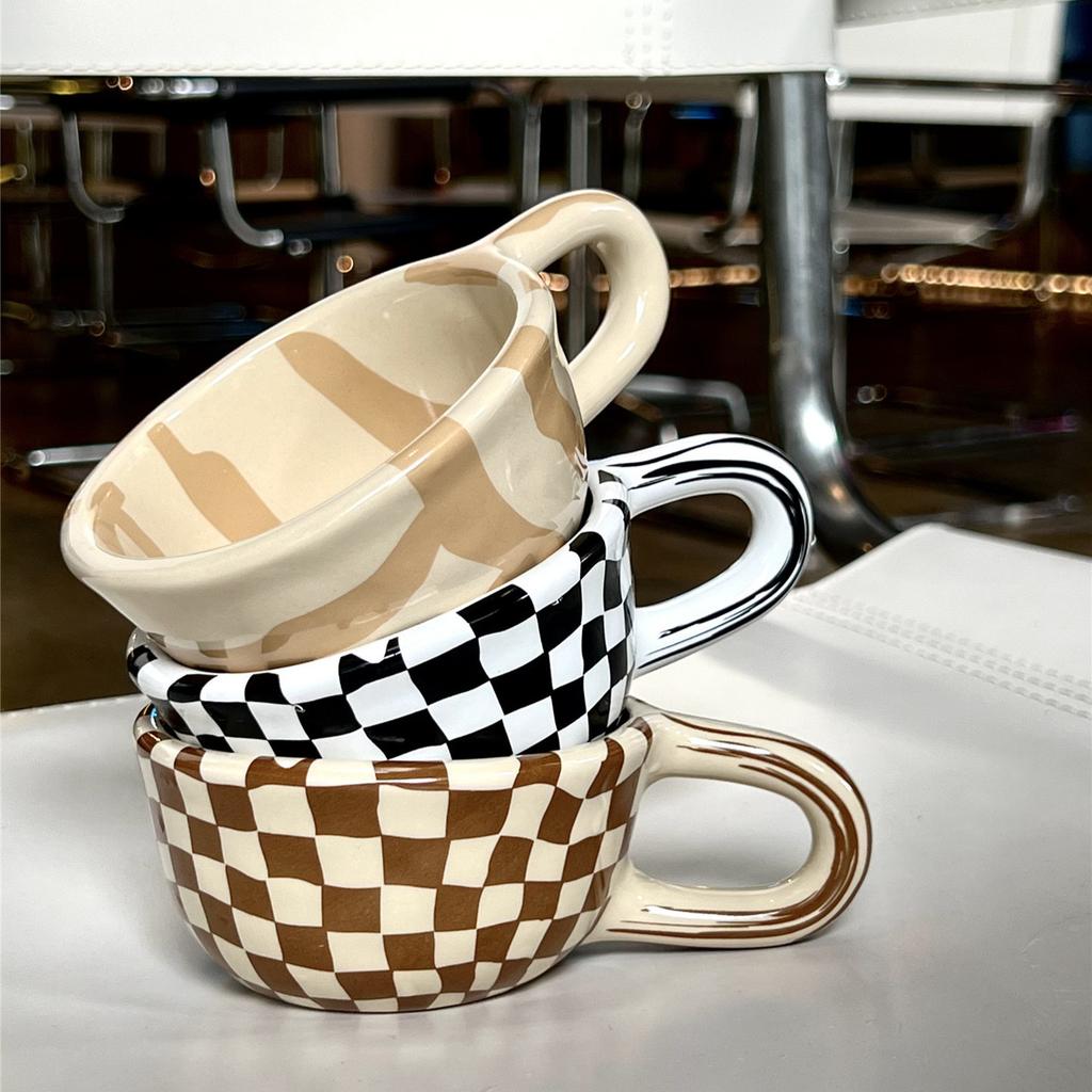 Shann Retro Checkerboard Coffee Cup Wind Niche Couple Household Mug Household Ceramic Water Cup