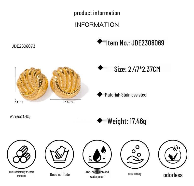 French Retro Hammered Titanium Steel Geometric Vintage Stud Earrings for Women