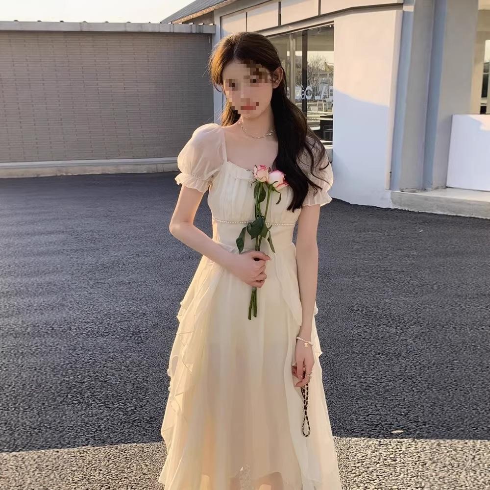 French square collar sweet and gentle fairy style dress women's summer new women's clothing waist thin medium and long skirt